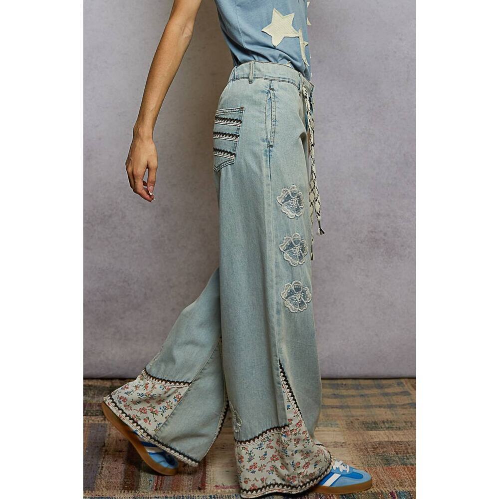 Pol Clothing Floral patches embroidery elastic band casual pant - Picture 2 of 7
